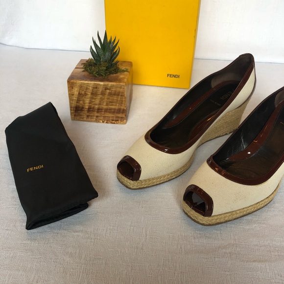 Fendi Shoes - Fendi Canvas Peep- Toe Wedges